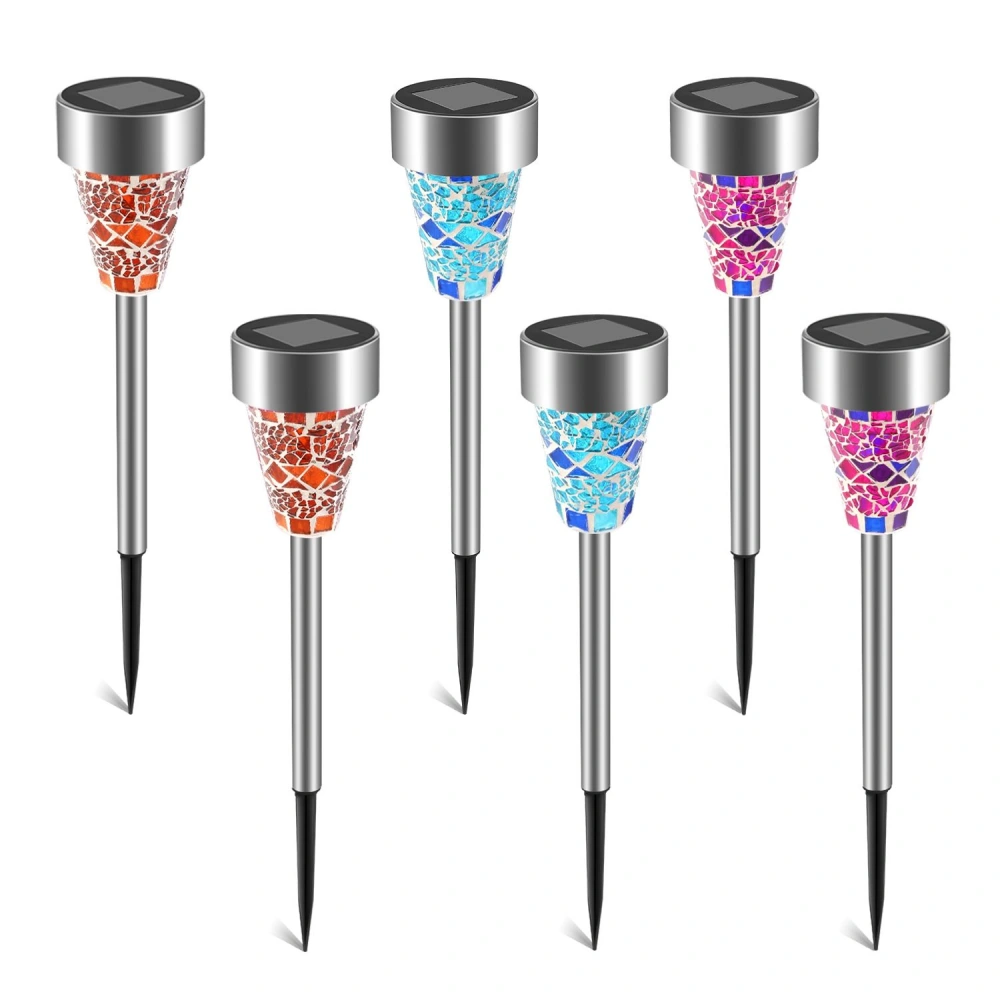 Set of six solar-powered garden stakes featuring colorful mosaic glass designs in orange, blue, and pink, ideal for outdoor lighting and decor.