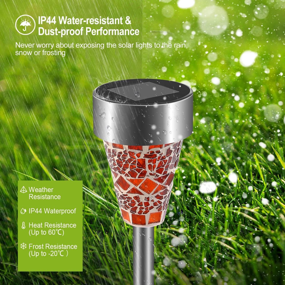 Solar garden light with IP44 water-resistant and dust-proof design, featuring colorful mosaic patterns and suitable for various weather conditions, set against a backdrop of rain and green grass.