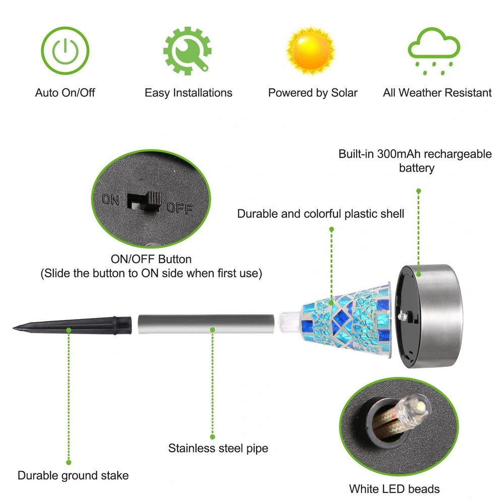 Solar-powered garden light features colorful plastic shell, stainless steel pipe, built-in rechargeable battery, and white LED beads, with auto on/off function and easy installation.