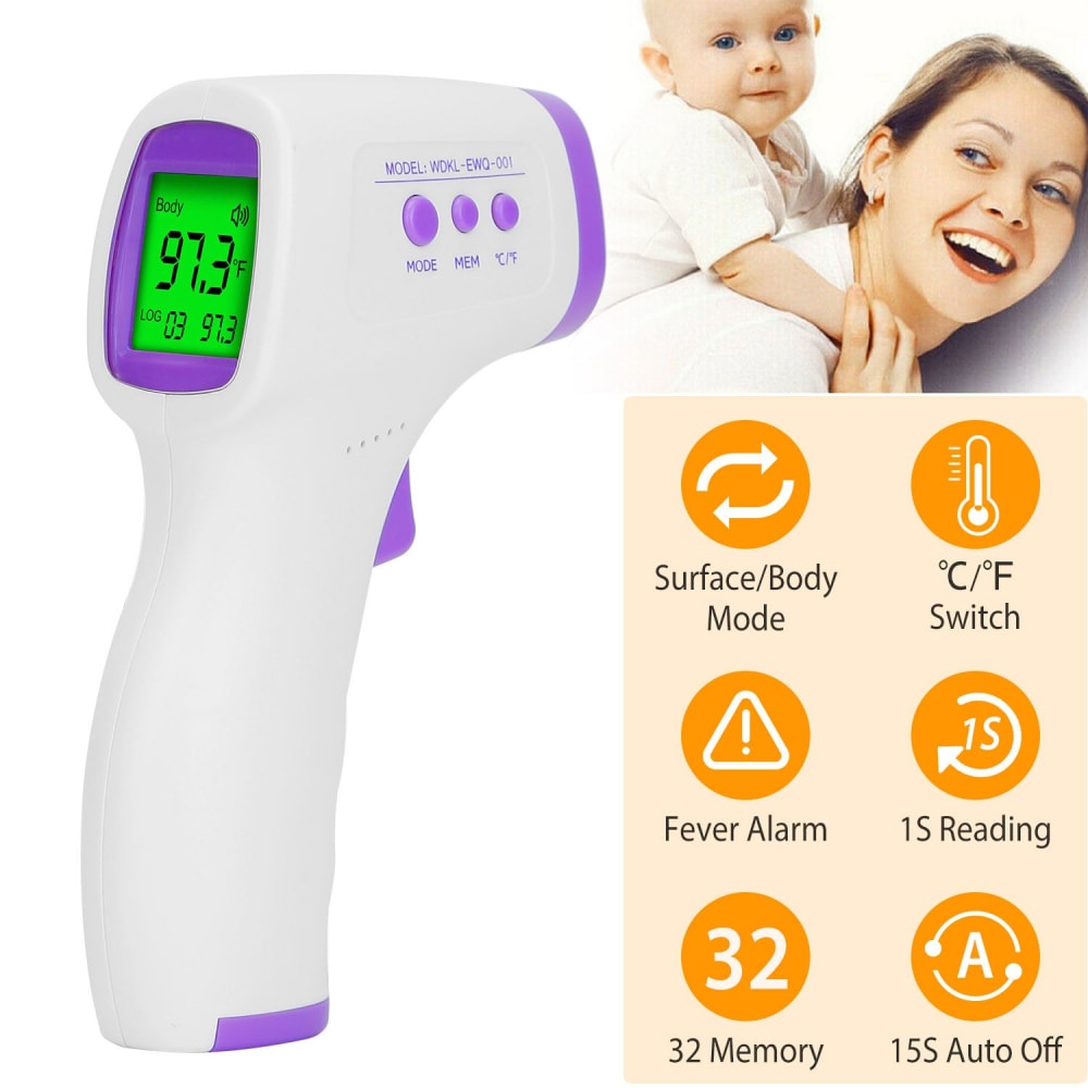 Digital infrared thermometer, featuring a large display for body and surface temperature readings, with modes for Fahrenheit/Celsius, fever alert, 1-second measurement time, memory for up to 32 readings, and a 15-second auto-off function for energy efficiency.