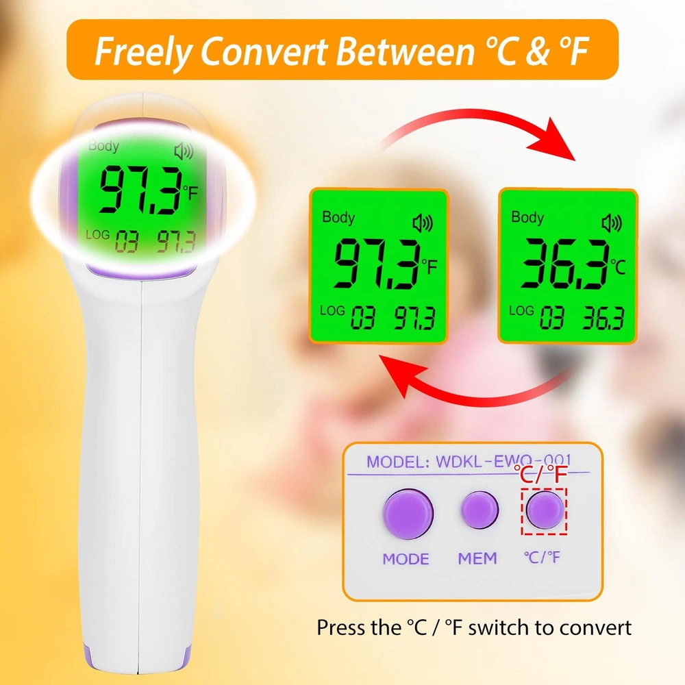 Digital infrared thermometer displaying body temperatures in Fahrenheit and Celsius with easy conversion feature.