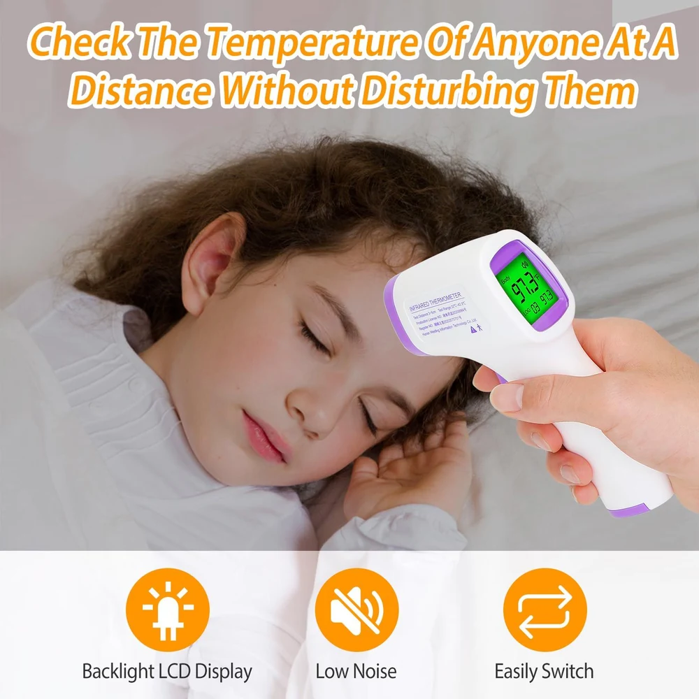 Non-contact infrared thermometer checking temperature of a person resting, featuring a backlight LCD display and low noise operation.