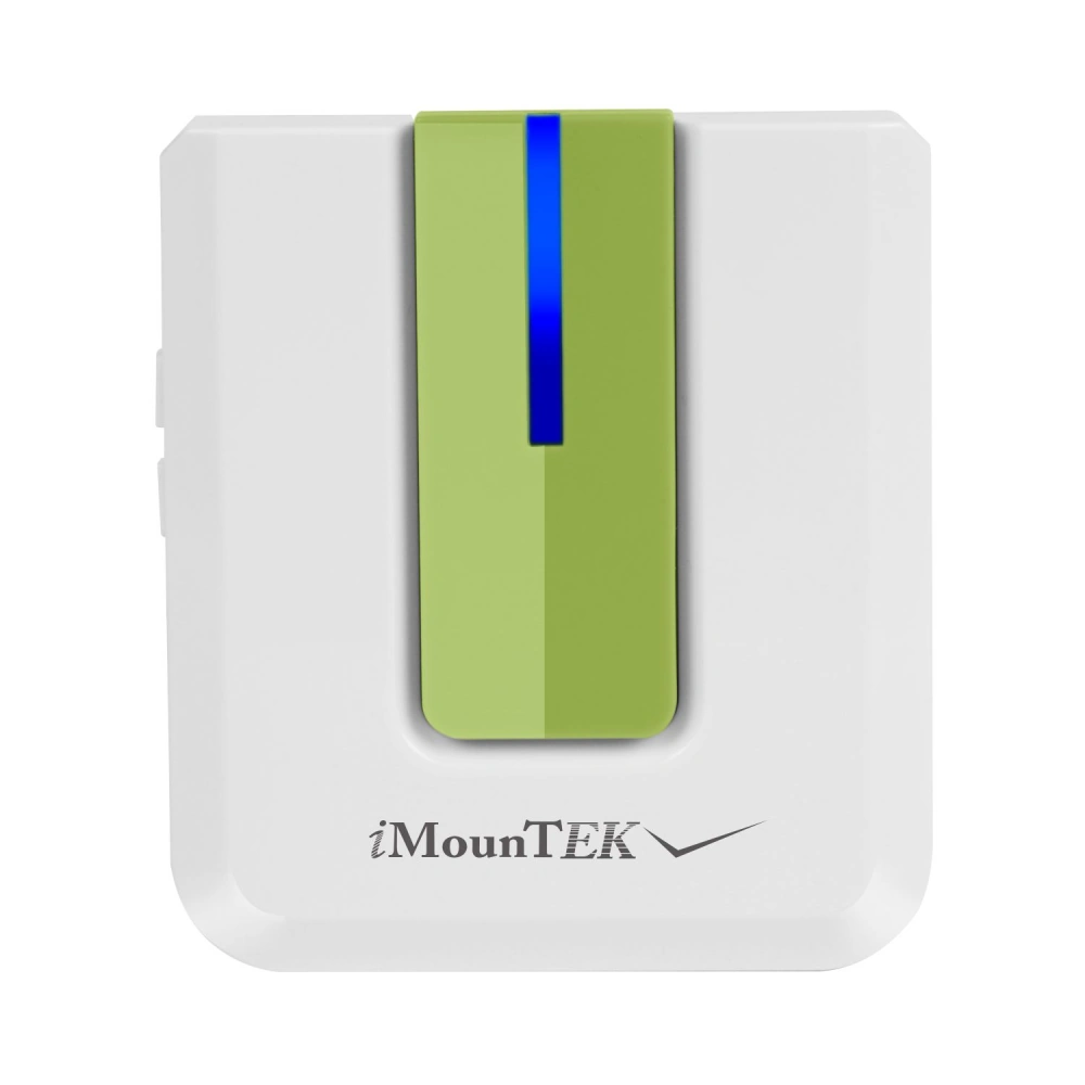 iMounTEK wireless remote control with a green button and blue indicator light, designed for easy access and convenience.