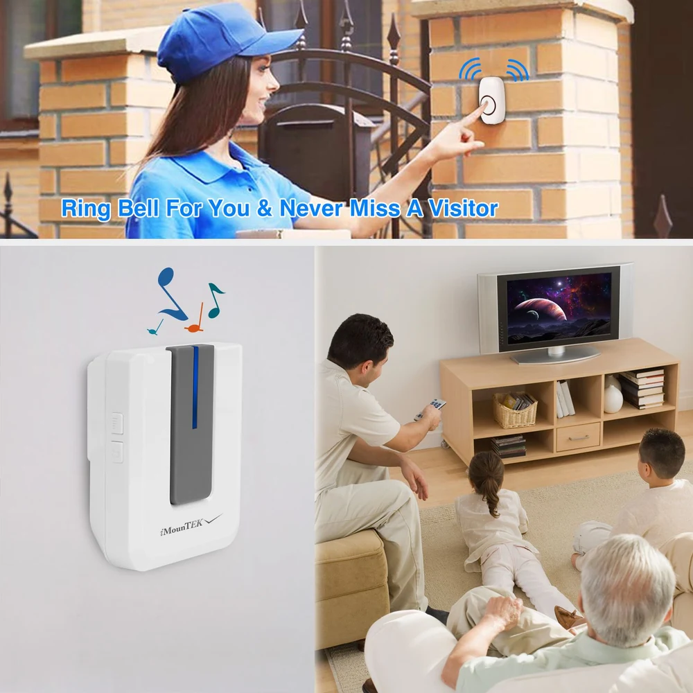 Wireless doorbell system with a user pressing the button at the entrance, featuring a remote chime unit displayed in a living room with family watching TV.