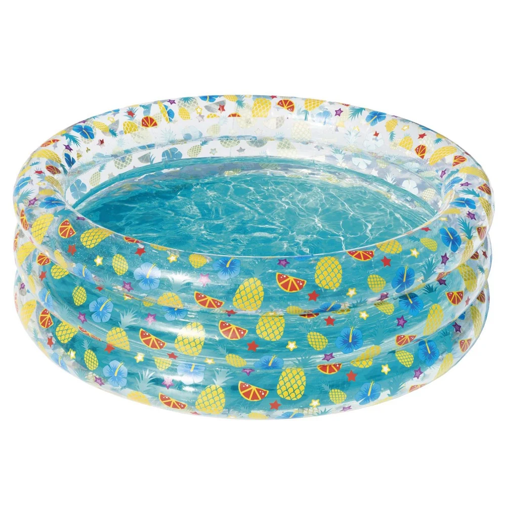 Inflatable kiddie pool with a vibrant tropical fruit and flower design, filled with clear blue water, perfect for summer fun.