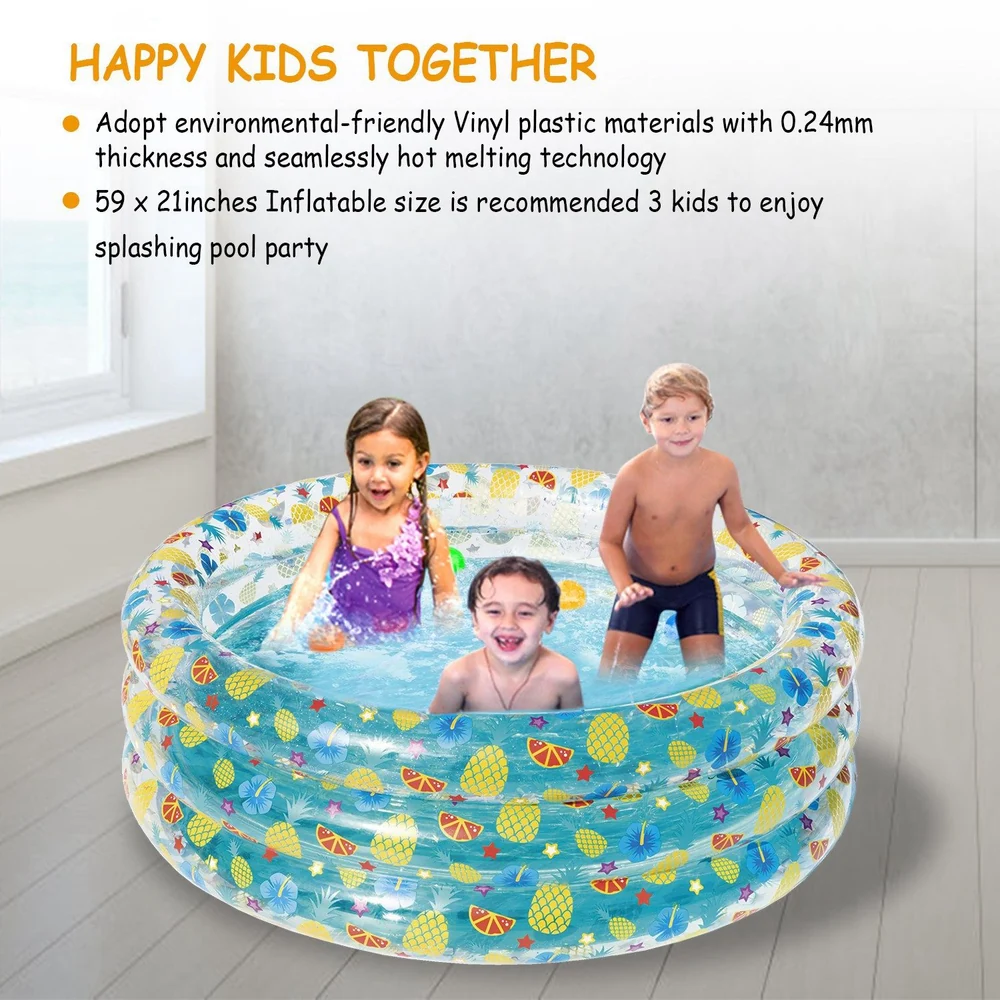 Three children play joyfully in an inflatable pool made from eco-friendly vinyl, featuring colorful fruit patterns and ideal for splashing fun during summer parties, measuring 59 x 21 inches.