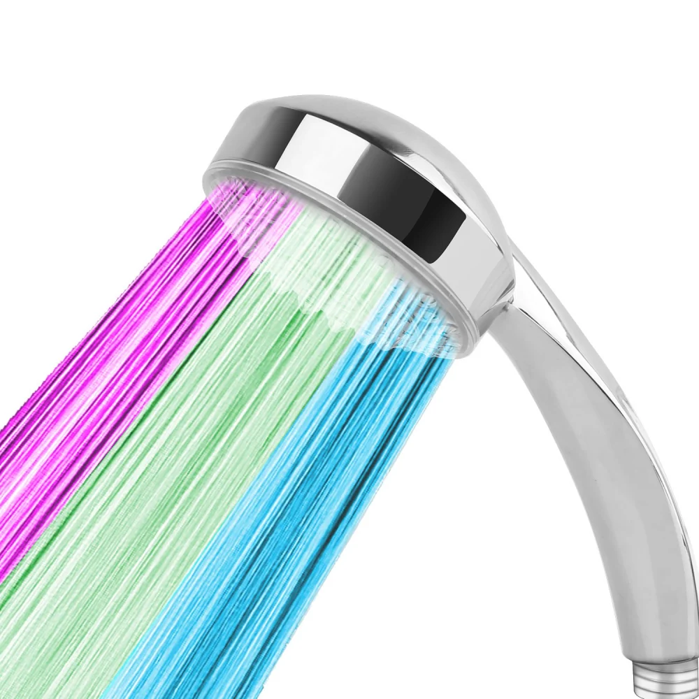 Color-changing LED shower head with cascading streams of pink, green, and blue water, featuring a sleek chrome design.