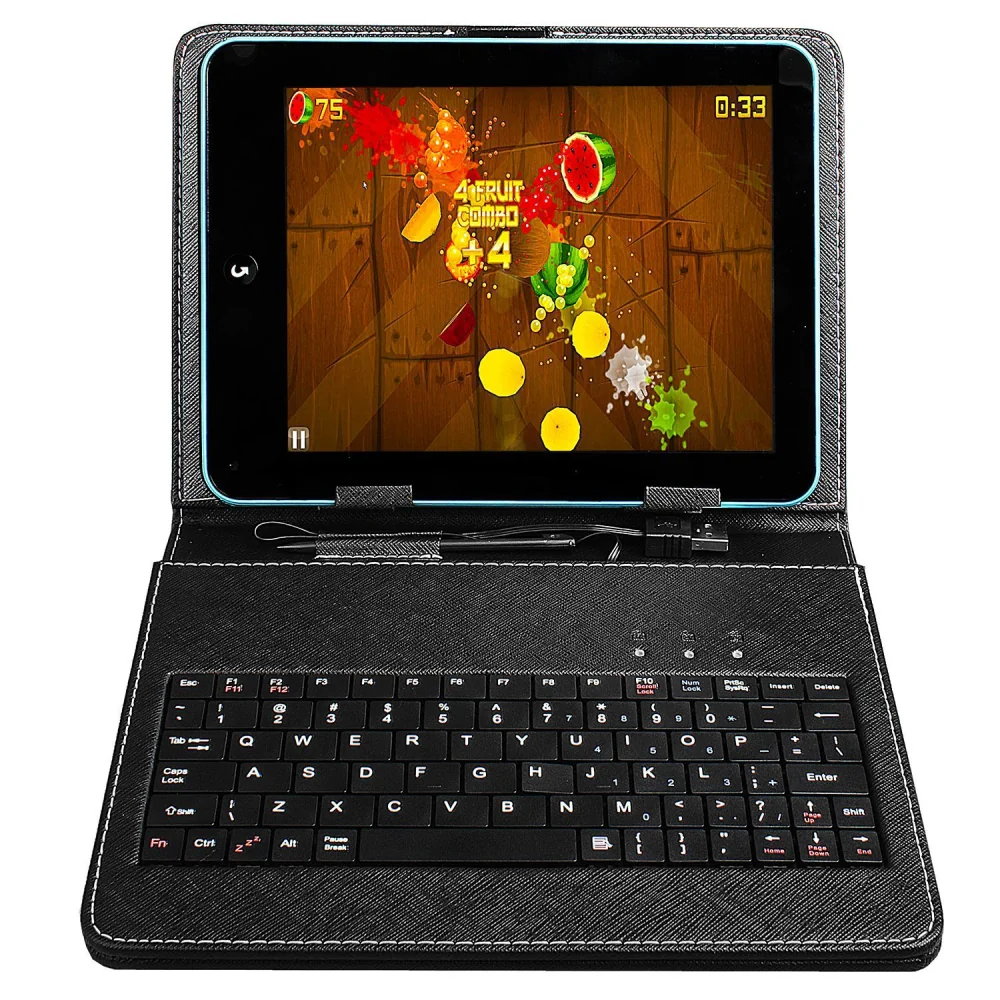Tablet with keyboard case displaying colorful fruit slicing game on screen