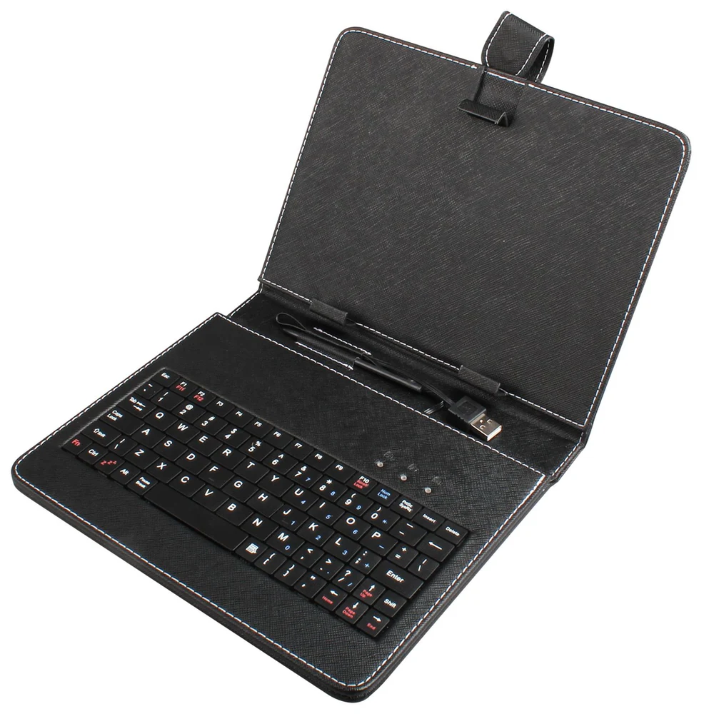Portable black keyboard case with USB connectivity and included pen, designed for tablets and smartphones.