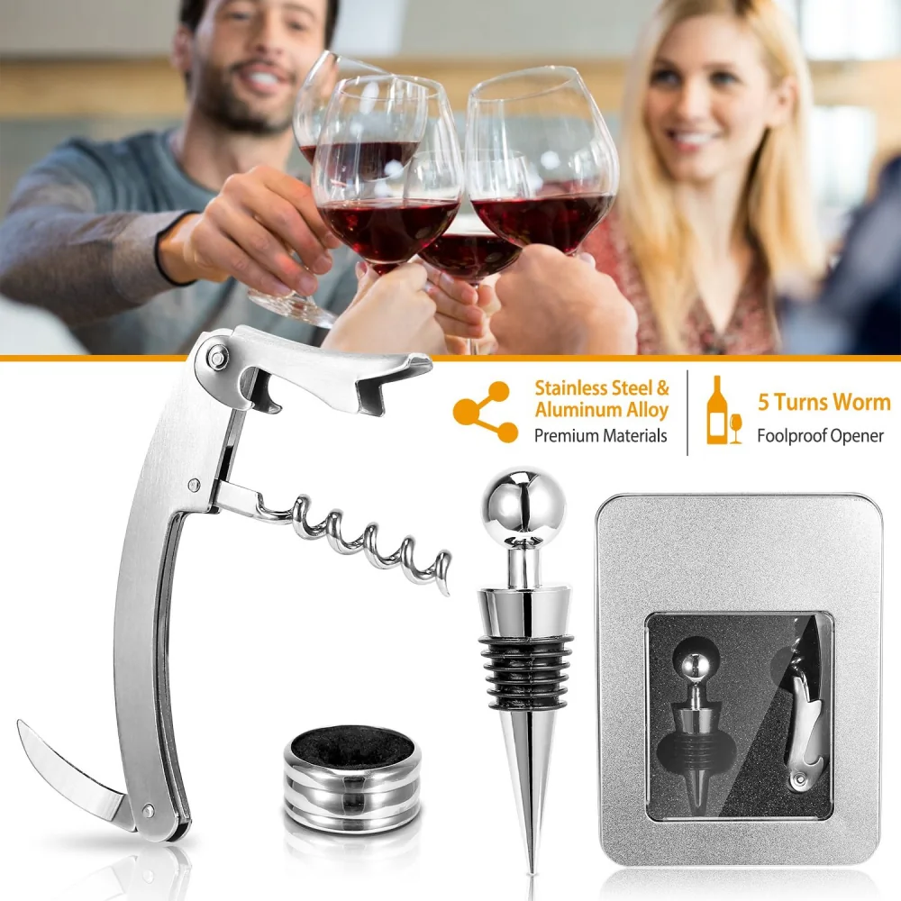 Stainless steel and aluminum alloy wine opener set with corkscrew, pourer, and stopper, perfect for wine lovers and entertaining, displayed alongside glasses of red wine.