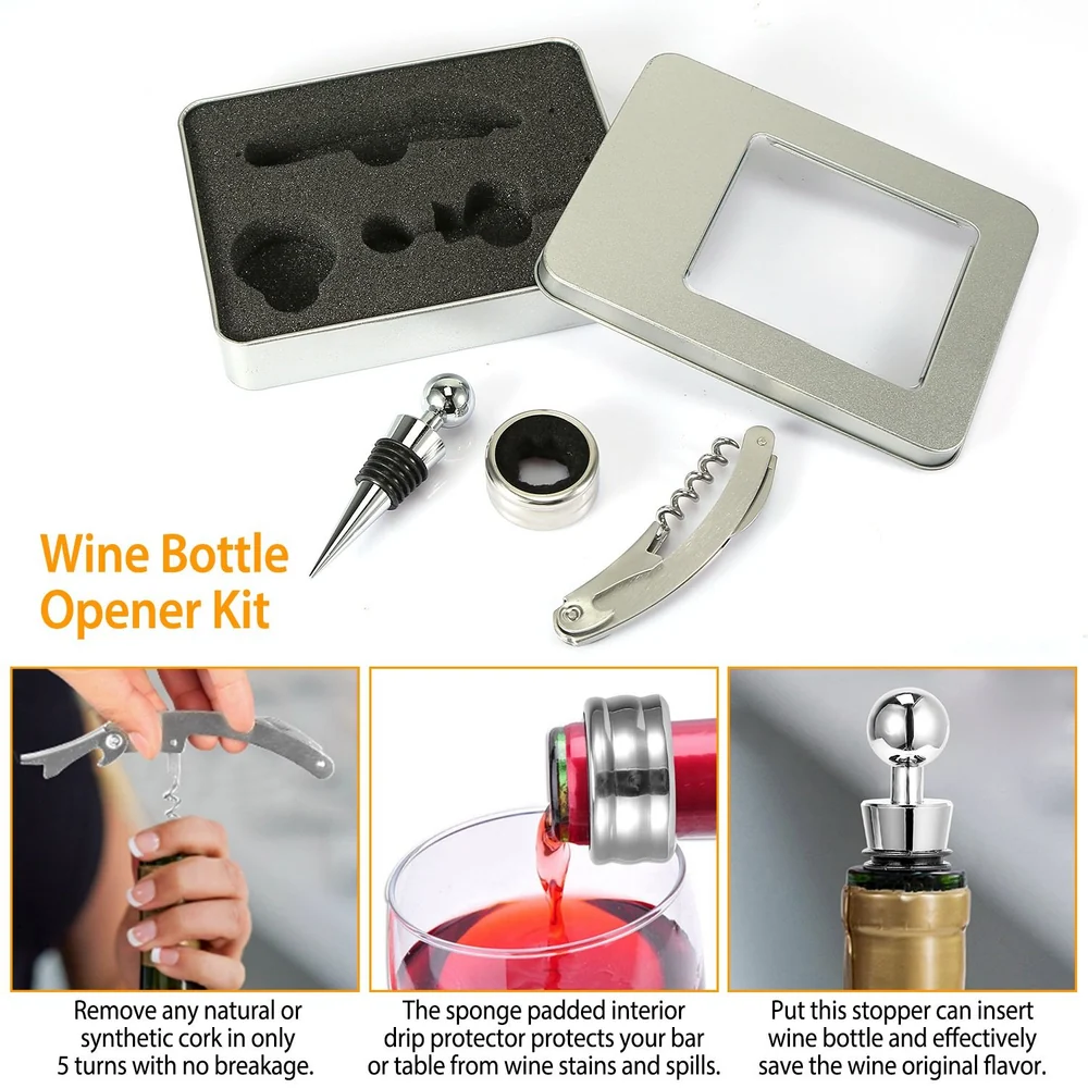 Wine bottle opener kit featuring a corkscrew, stopper, and drip protector, neatly arranged in a silver tin box for easy storage and transport.