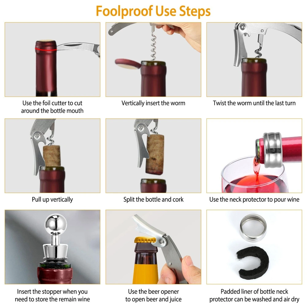 Infographic showing step-by-step instructions for using a corkscrew and wine bottle neck protector, including cutting foil, inserting corkscrew, and pouring wine.