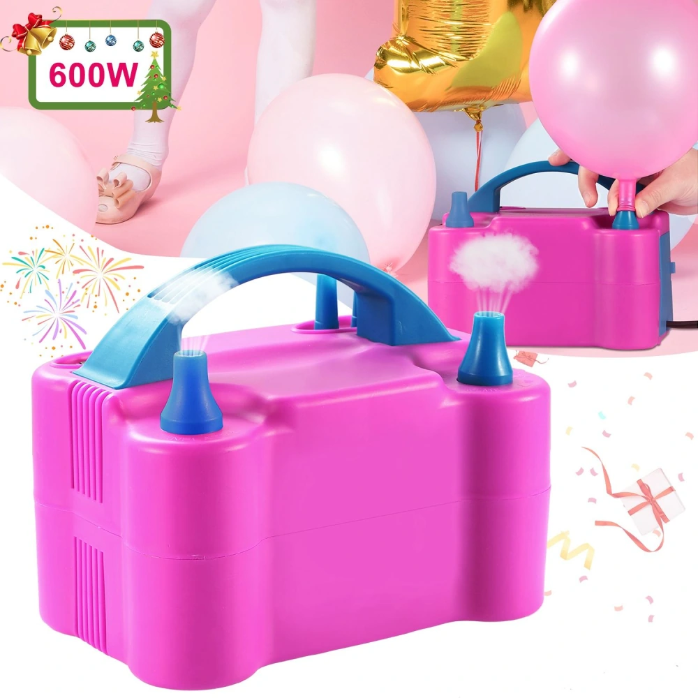 Electric 600W balloon pump with pink casing and blue handle for easy inflation of balloons, surrounded by colorful balloons and festive decorations.