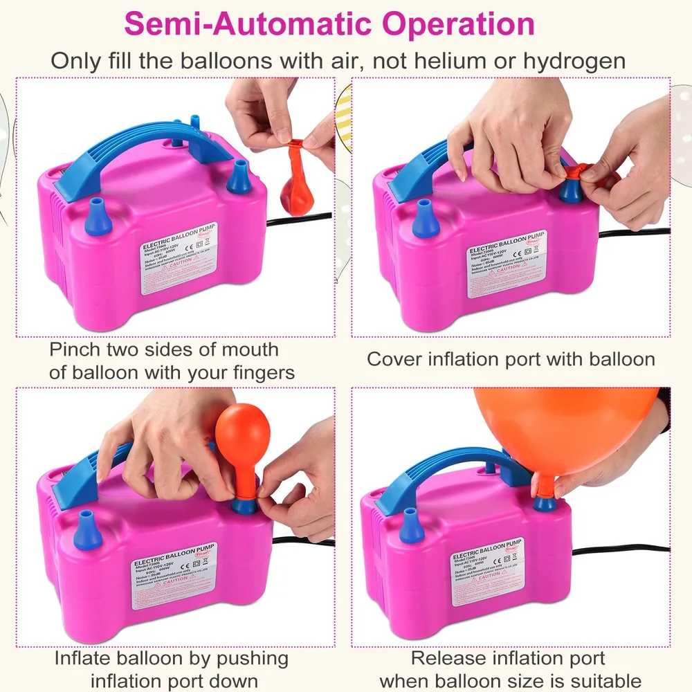 Instructions for using a semi-automatic electric balloon pump, showing the steps to inflate balloons with air, featuring a user-friendly pink pump and hands demonstrating the process.
