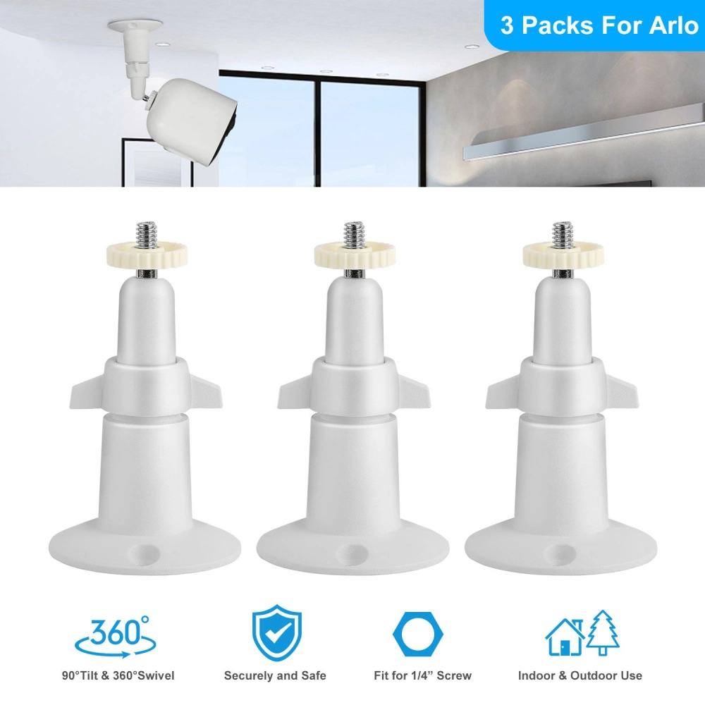 Three adjustable white camera mounts designed for Arlo cameras, showcasing 360-degree swivel and 90-degree tilt features, suitable for both indoor and outdoor use.