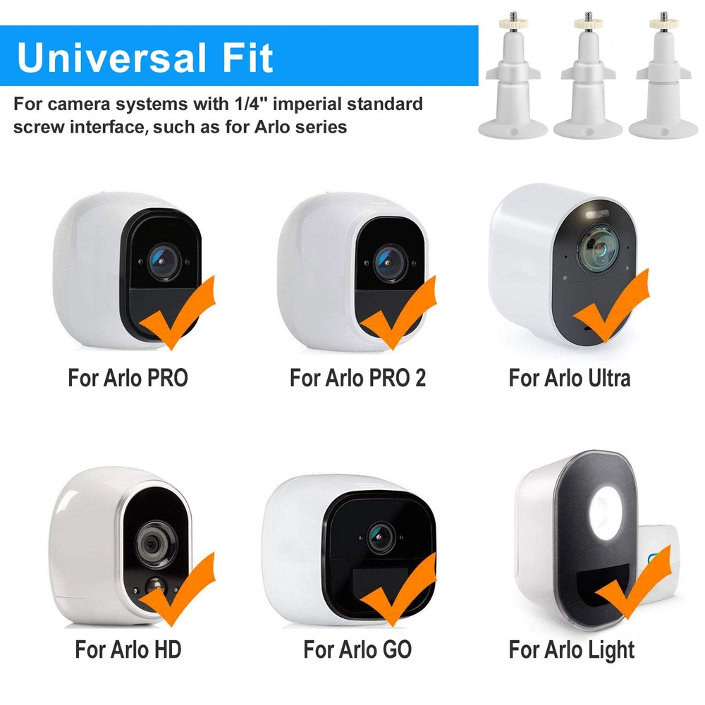 Alt tag: "Image displaying universal camera mount compatibility for Arlo series, featuring Arlo PRO, PRO 2, Ultra, HD, GO, and Light models with check marks indicating fit for each camera."