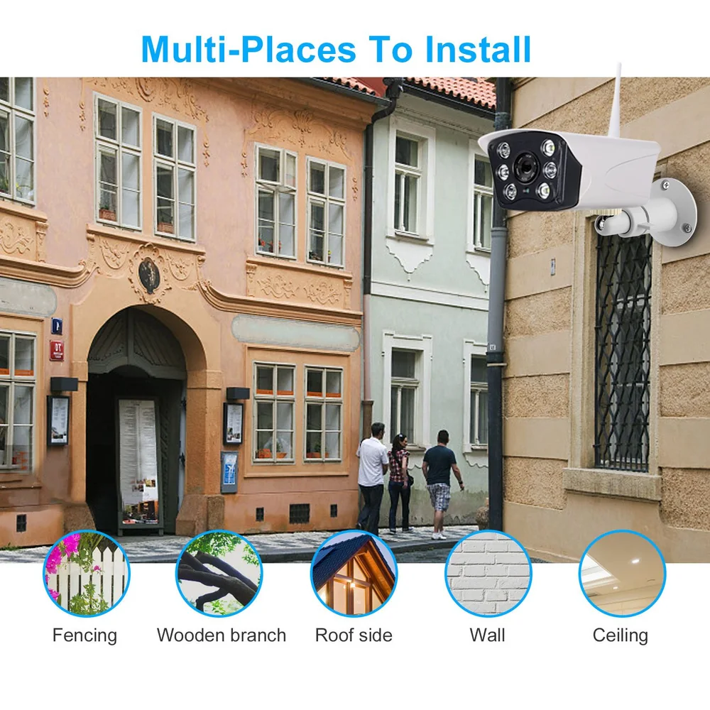 Outdoor security camera mounted on a wall with installation options displayed, including fencing, wooden branch, roof side, wall, and ceiling, in a picturesque street setting.