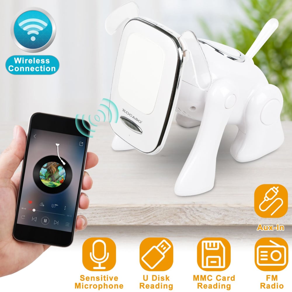 Wireless connection speaker in the shape of a cute dog, featuring a sensitive microphone, compatible with U Disks and MMC cards, and a smartphone displaying the music app.