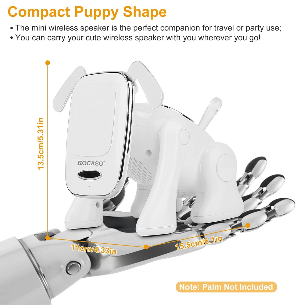 Compact white puppy-shaped mini wireless speaker held in a robotic hand, showcasing its travel-friendly design and dimensions for portability.