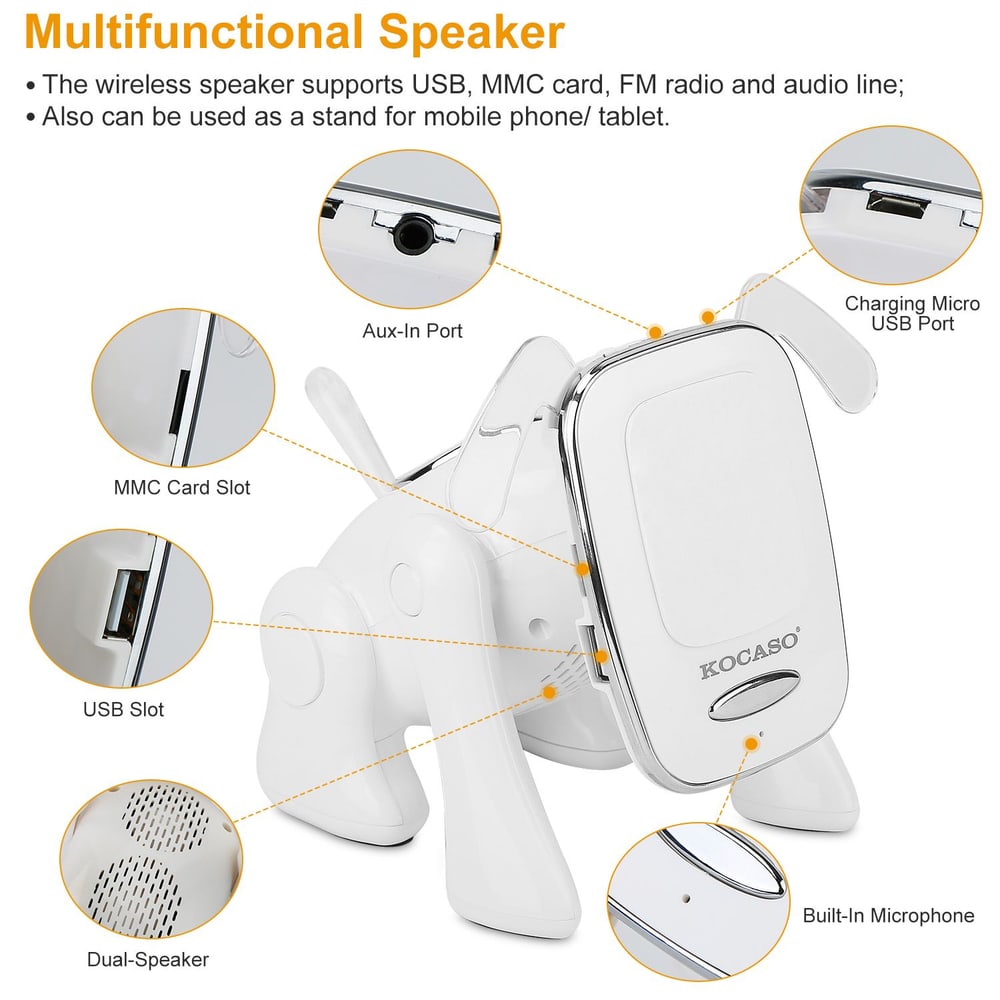 Multifunctional wireless speaker designed as a cute dog, featuring USB, MMC card, and AUX ports, dual speakers, and a built-in microphone for hands-free calls.