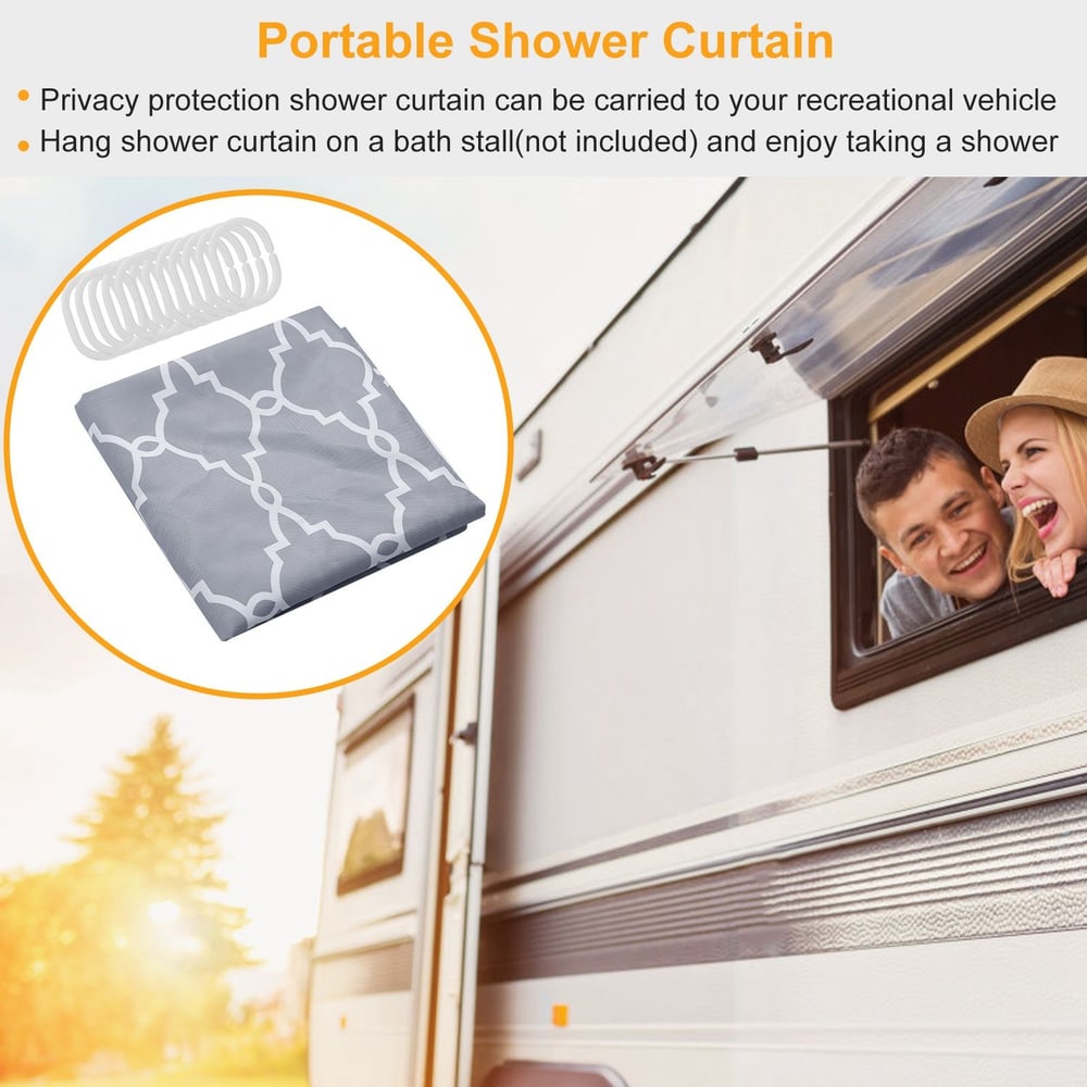 Portable shower curtain designed for recreational vehicles, featuring a stylish gray and white pattern, ideal for privacy during outdoor showers. Includes curtain and hooks for easy setup.