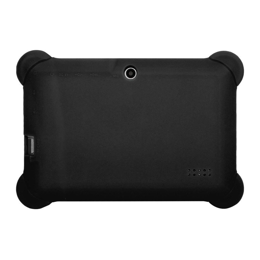 Black tablet back view featuring ports and soft corners for protection, ideal for kids and durable use.