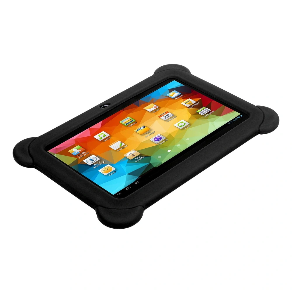 Children's tablet with a black protective case featuring corner grips for extra durability and safety, displaying a colorful app interface.