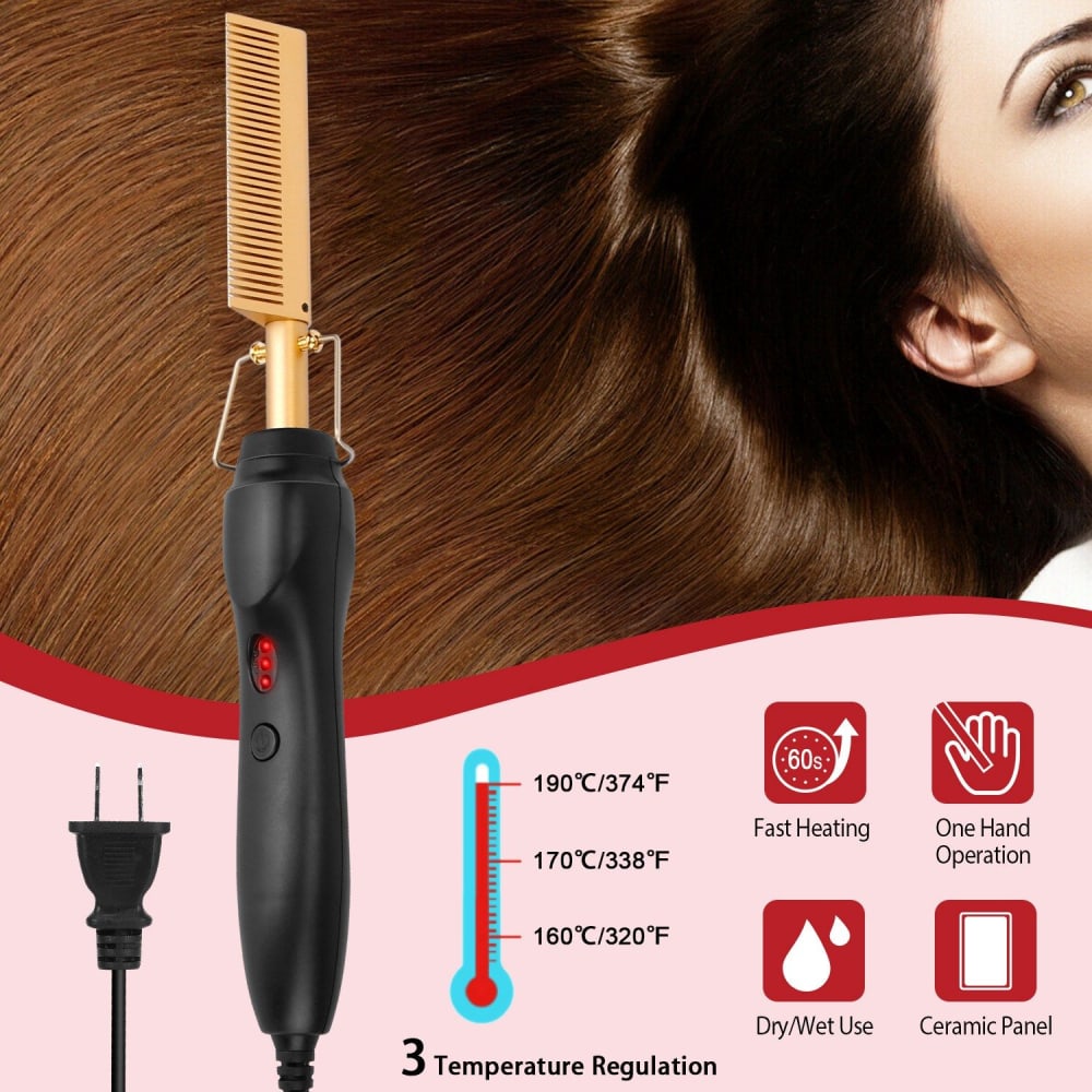 Heat styling hair comb with gold plate, adjustable temperature settings, fast heating feature, suitable for dry and wet hair, ergonomic design for one-handed operation.
