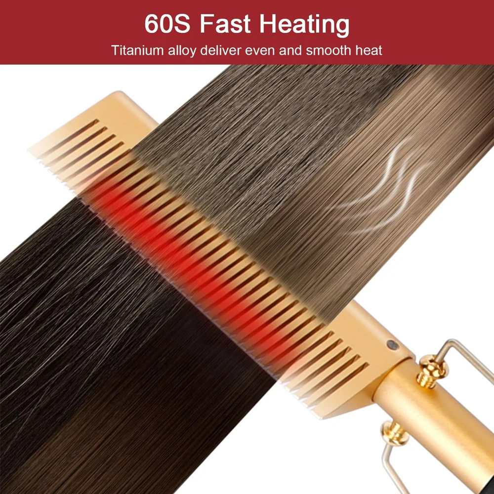 Image of a heated titanium alloy hair straightening comb that features fast heating technology, designed to deliver smooth and even heat for efficient hair styling.