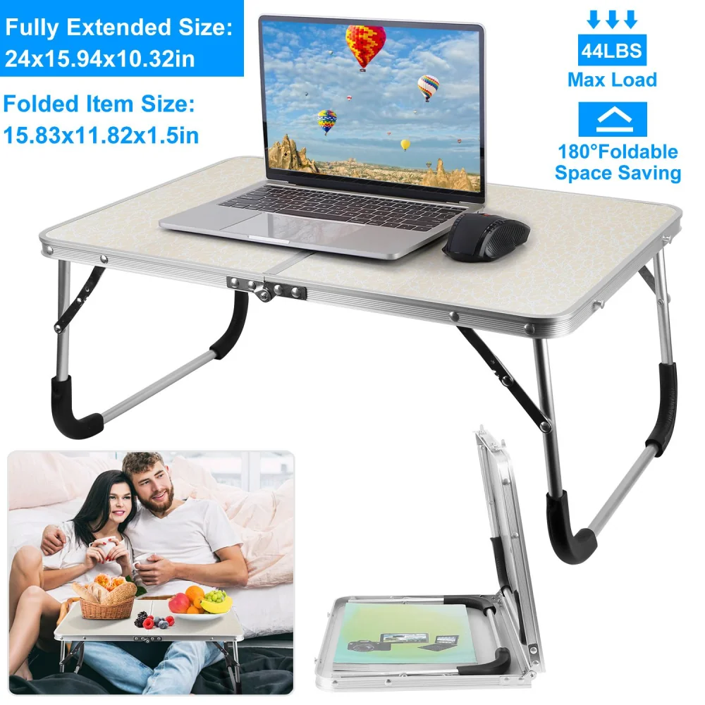 Portable laptop table with a modern design, fully extended size of 24x15.94x10.32 inches, capable of supporting up to 44 lbs, features a foldable design for easy storage, shown in use by a couple on a couch and displaying a laptop and mouse setup.