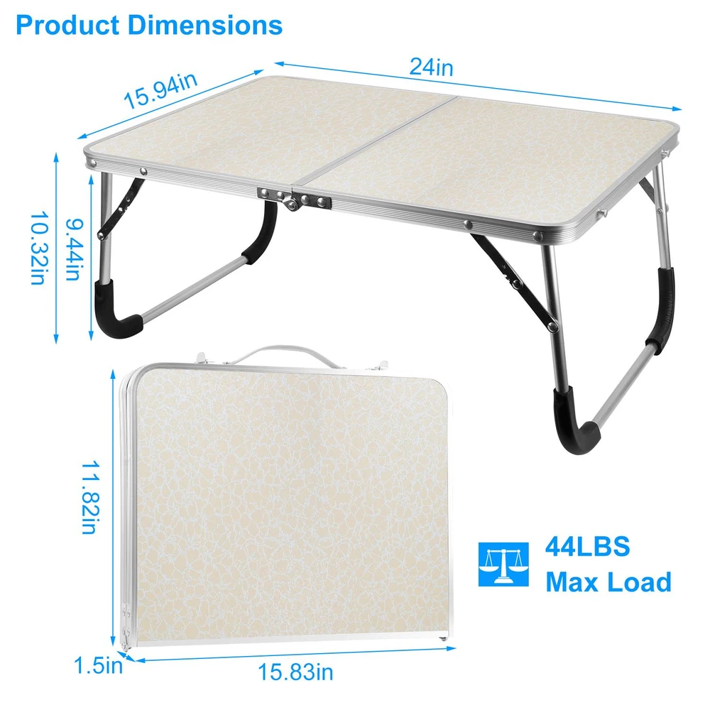 Folding portable table dimensions illustration with a lightweight design, 24 inches wide by 15.94 inches deep, max load 44 pounds, and compact carry size 15.83 inches by 11.82 inches.
