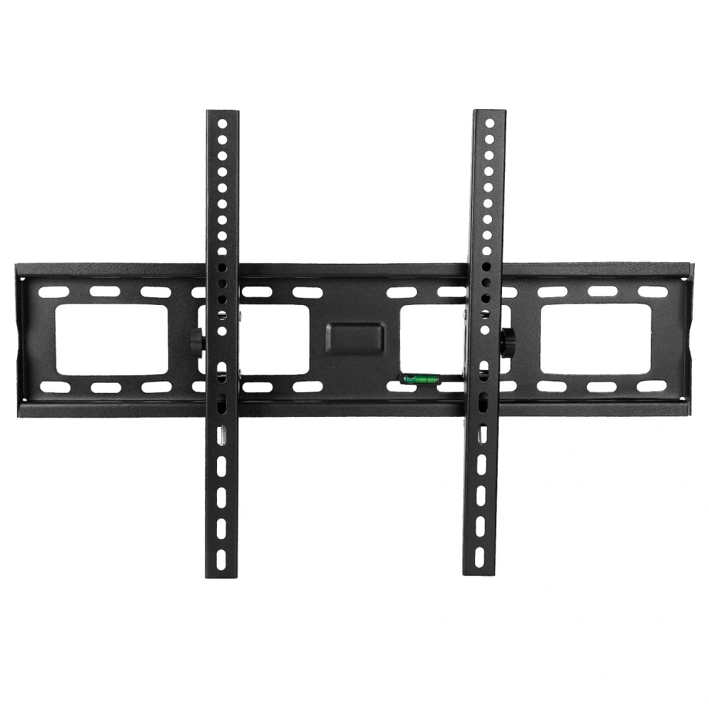 Heavy-duty TV wall mount bracket with adjustable arms and built-in level, designed for secure and easy installation of flat-screen televisions.