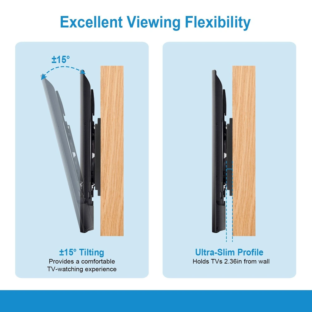 TV wall mount with ±15° tilting feature for optimal viewing comfort, showcasing an ultra-slim profile that holds TVs just 2.36 inches from the wall.