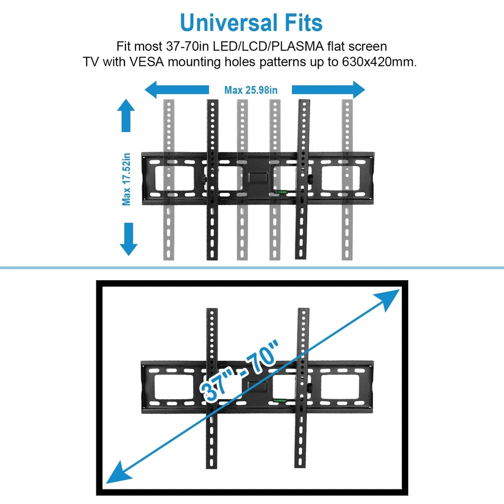 Universal TV wall mount compatible with 37-70 inch LED, LCD, and Plasma flat screens, featuring adjustable VESA mounting hole patterns up to 630x420mm for easy installation.