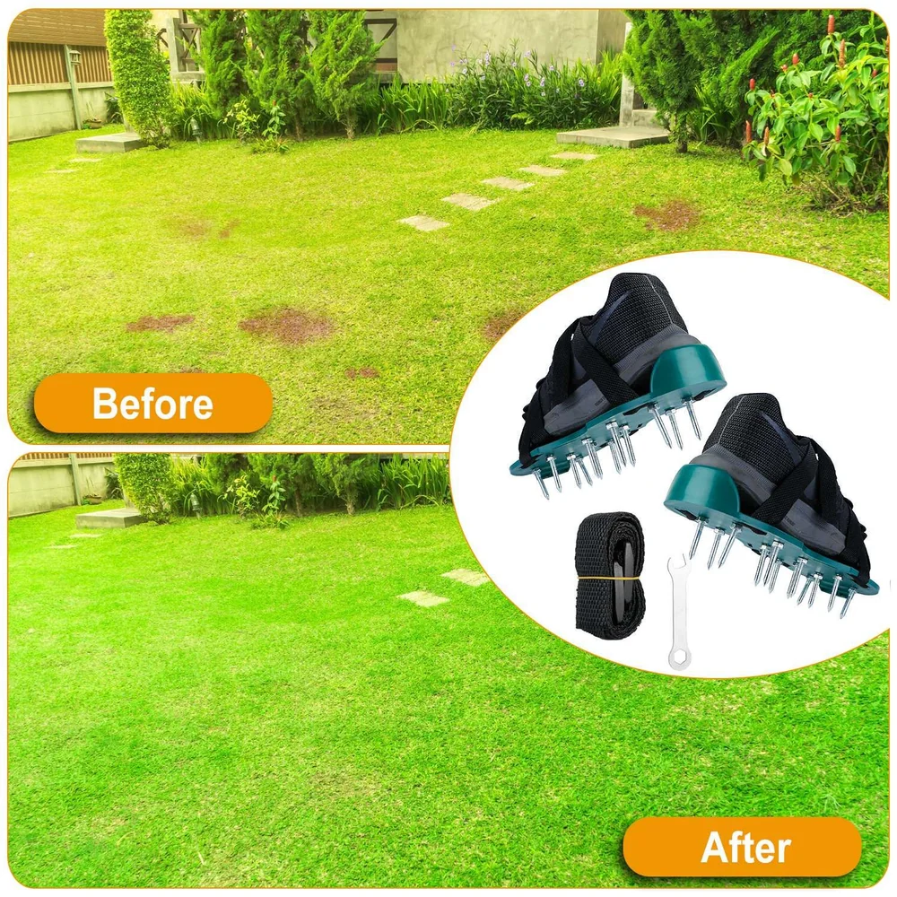 Before-and-after comparison of a lawn revitalization, showcasing a vibrant green lawn after using lawn aerator shoes and accessories.