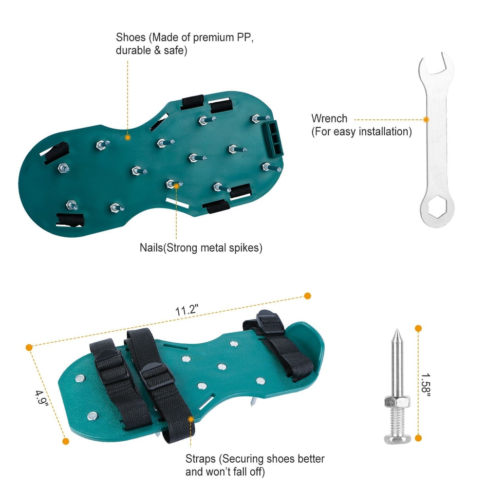 Premium PP shoe spikes set with strong metal nails, adjustable straps, and installation wrench; dimensions: 11.2" x 4.9".