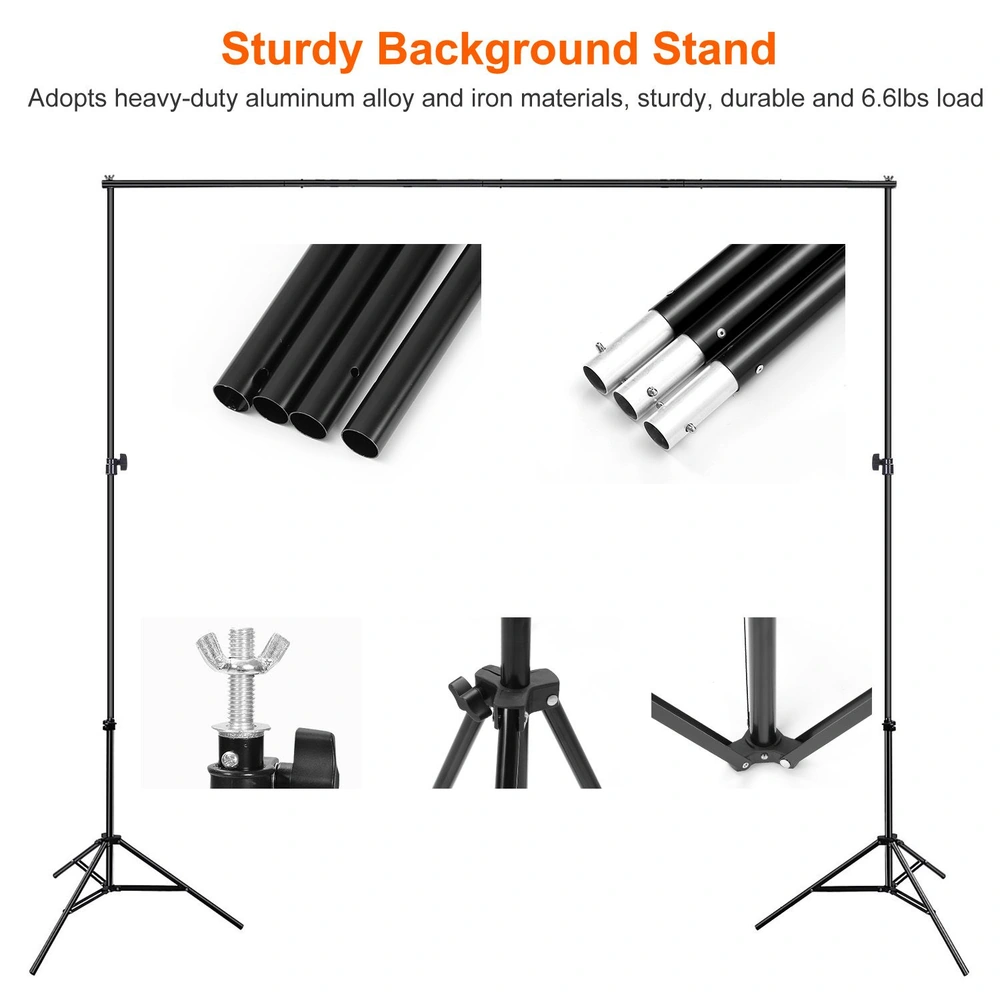 Sturdy background stand with heavy-duty aluminum and iron construction, showcasing various components including adjustable height, tripod base, and secure locking mechanism, capable of supporting up to 6.6 lbs.