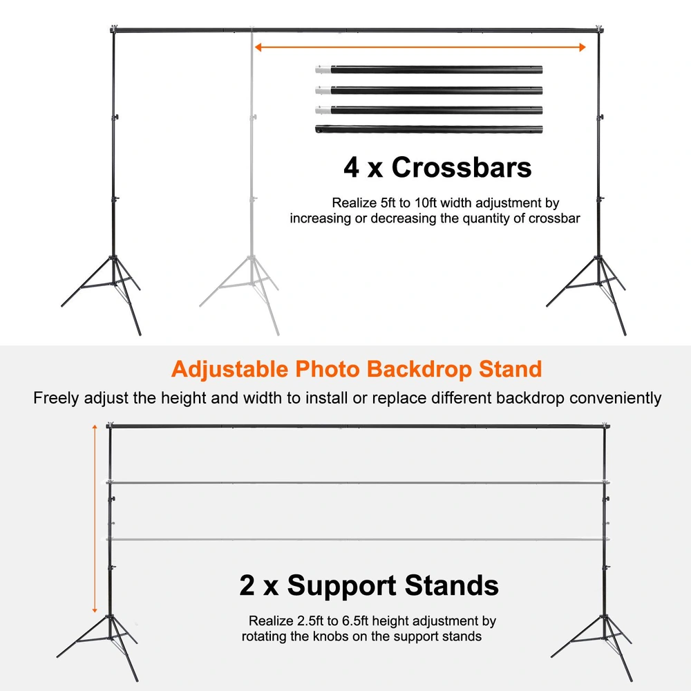 Adjustable photo backdrop stand featuring 4 crossbars and 2 support stands, allowing height adjustment from 2.5ft to 6.5ft and width adjustment from 5ft to 10ft for versatile photography setups.