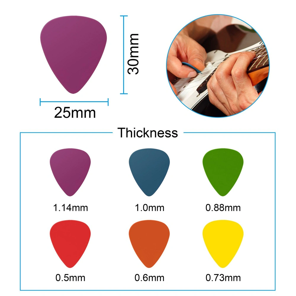 Colorful guitar picks displayed with size measurements and thickness options, featuring a close-up of hands playing a guitar.