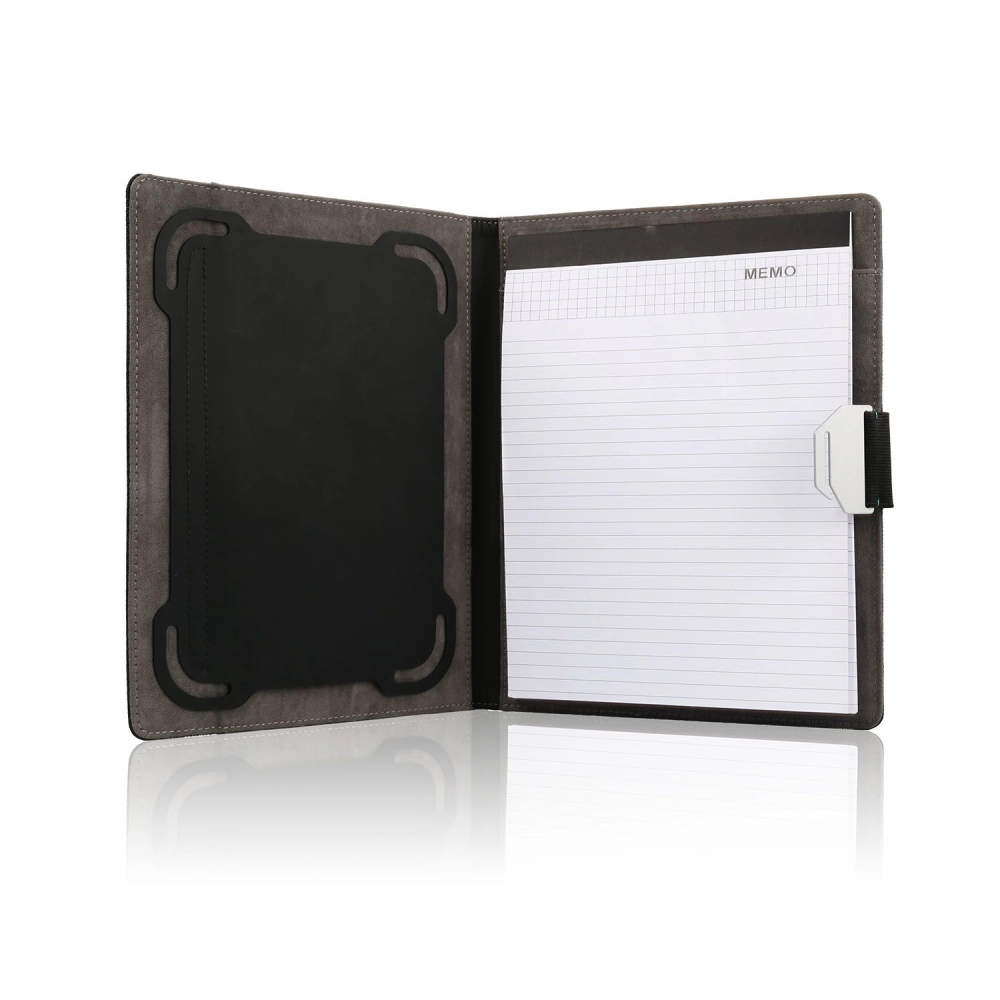 Stylish gray folio notebook with a lined memo pad and elastic pen holder, showcasing a sleek design and practical features for professionals.