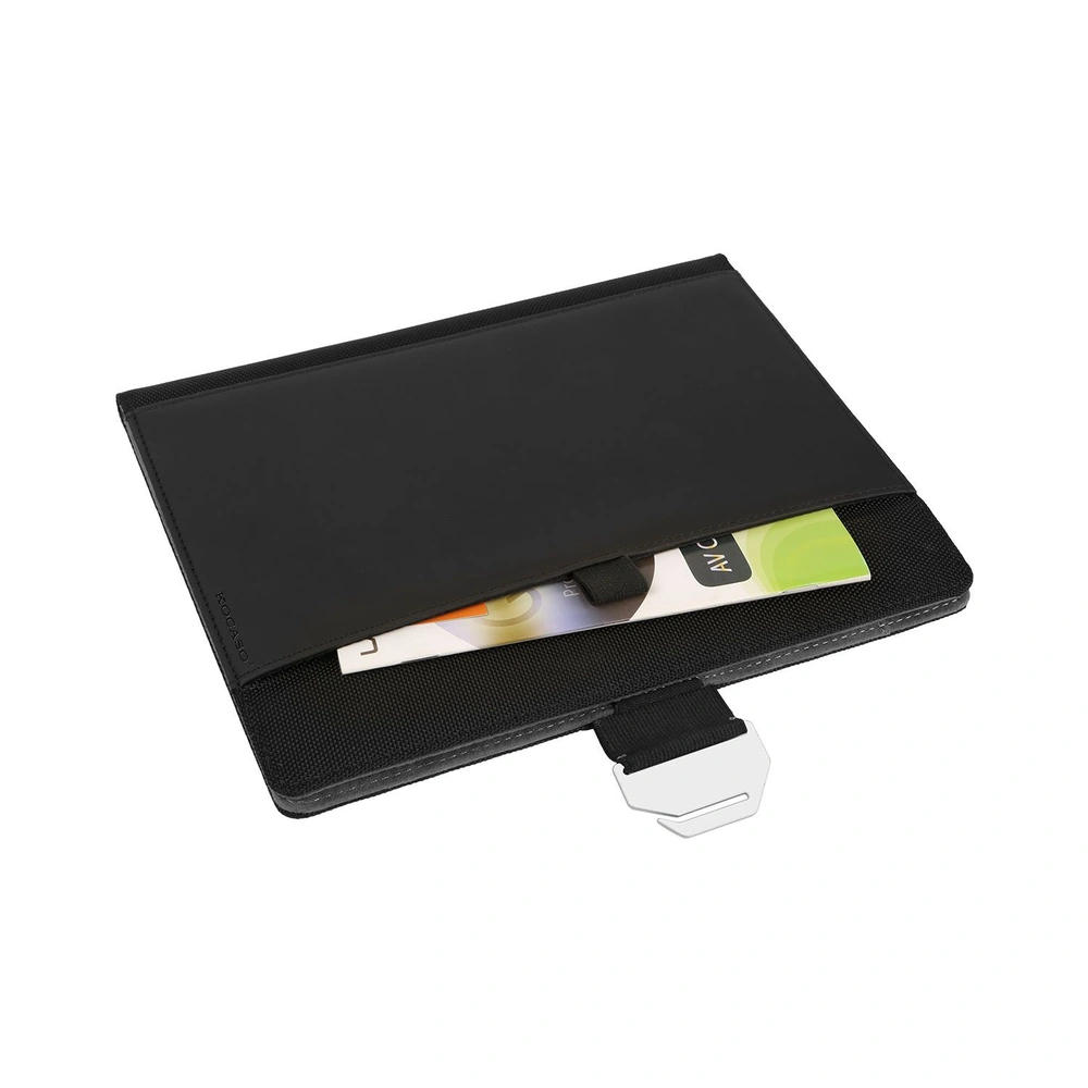 Black cardholder wallet with a sleek design, showcasing a partially visible card and a unique pull tab for easy access.