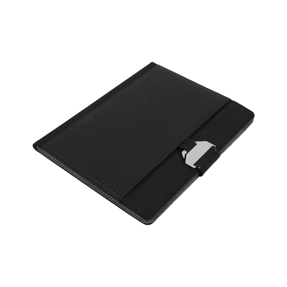 Elegant black leather notebook organizer with a sleek closure strap and silver accents, perfect for professionals and students.