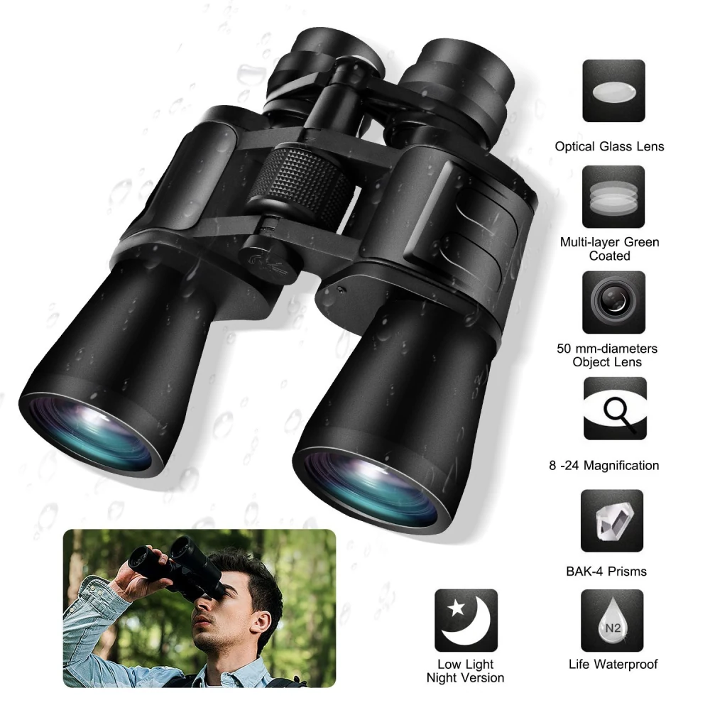 High-performance waterproof binoculars featuring 50mm objective lenses, 8-24x magnification, and BAK-4 prisms, ideal for low light conditions and outdoor adventures.