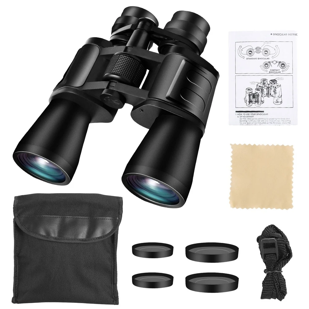 Black binoculars with large objective lenses, accompanied by a carrying case, lens cleaning cloth, instruction manual, and additional lens caps.