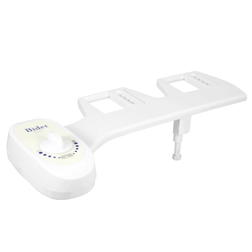 White bidet attachment with control knob for adjusting water pressure and temperature, designed for easy installation on standard toilets.