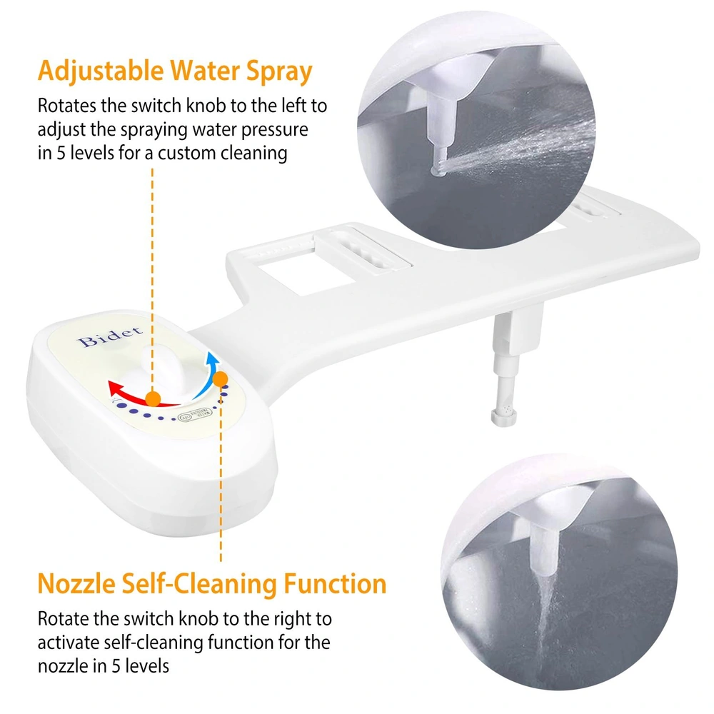 Bidet attachment with adjustable water spray control and self-cleaning nozzle feature, demonstrating five spray pressure levels and easy knob rotation for personalized hygiene.