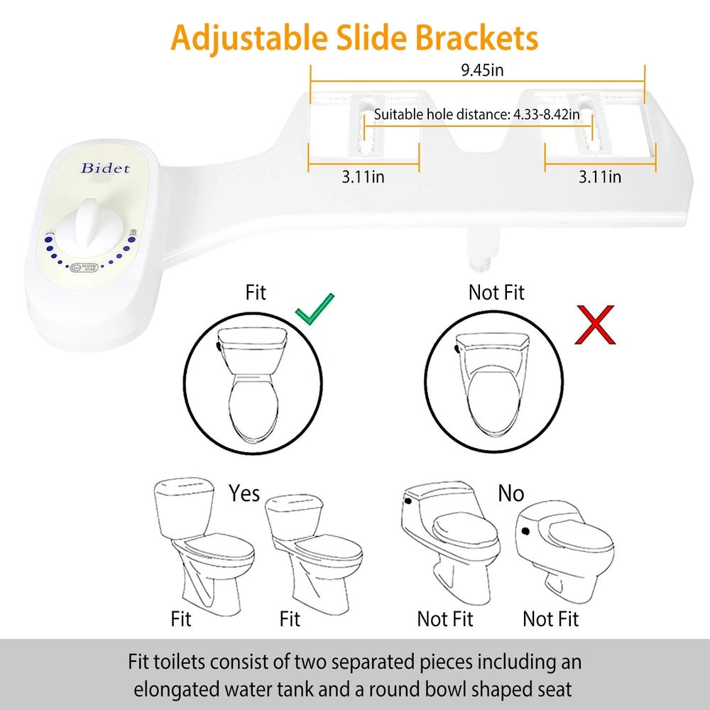 Adjustable bidet with slide brackets for versatile toilet fit, showcasing measurements and compatibility with various toilet types.