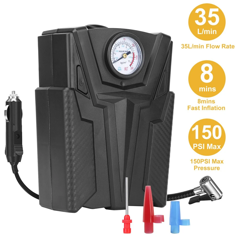 Portable car tire inflator with pressure gauge, 35L/min flow rate, 150 PSI max pressure, quick 8-minute inflation time, includes multiple nozzles and a DC power connector.