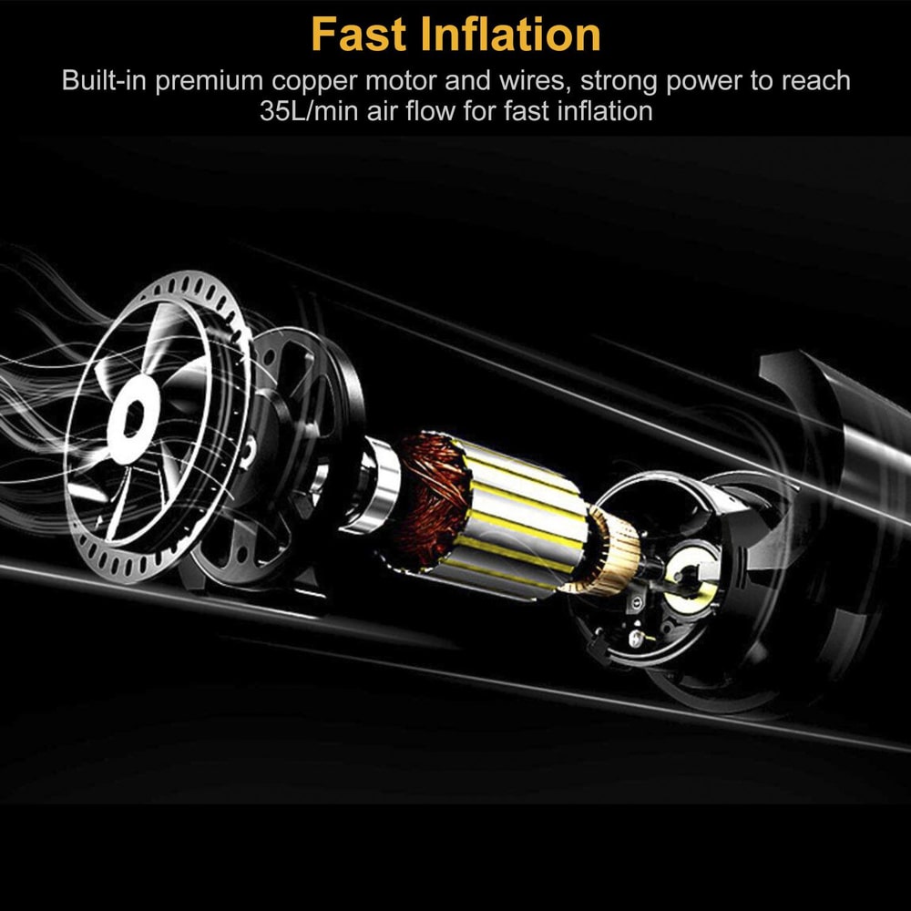 Detailed illustration of a powerful air pump showcasing the premium copper motor and smooth airflow design for fast inflation, capable of delivering 35L/min.