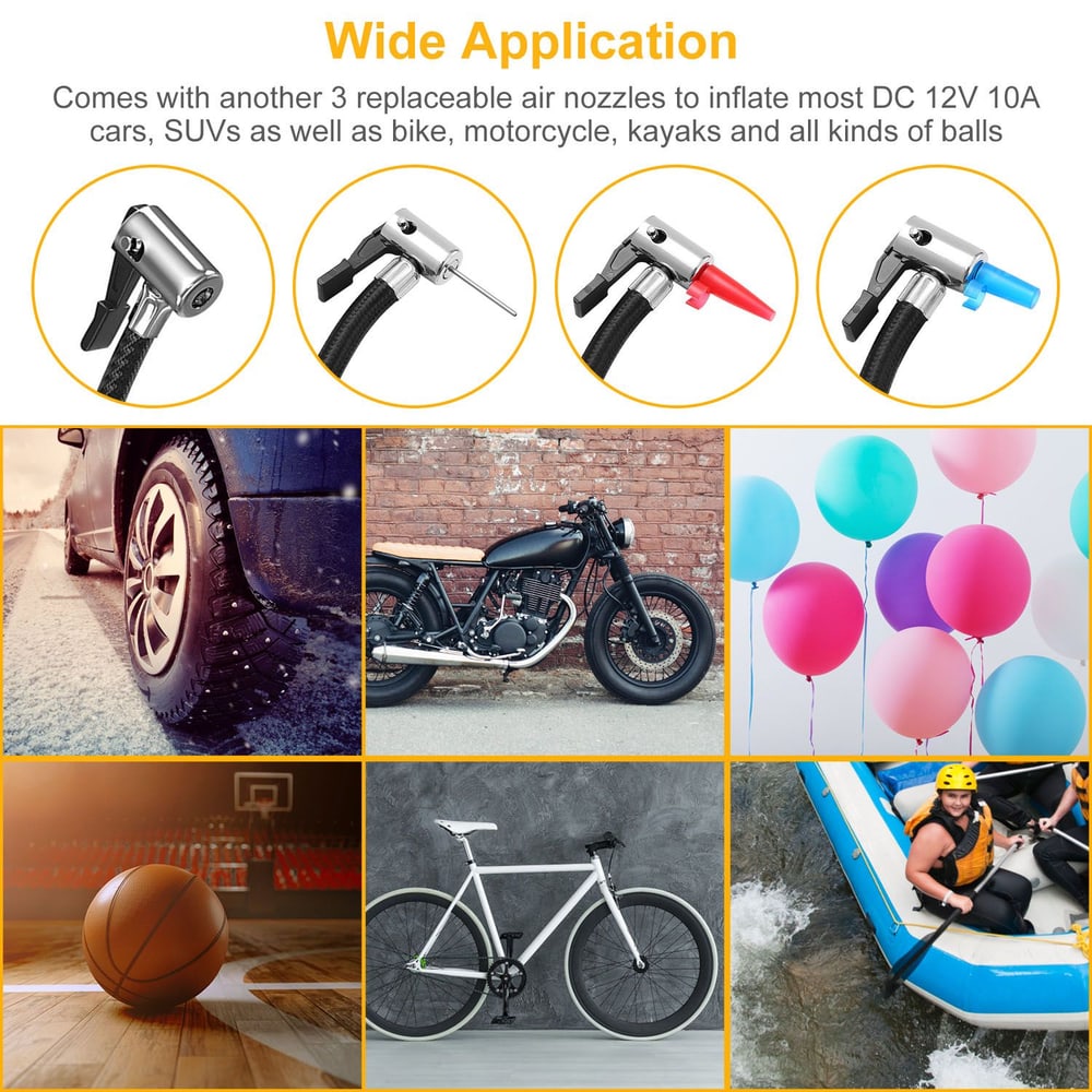 Image showcasing a versatile air nozzle inflating various items including a car tire, motorcycle tire, basketball, bicycle, and colorful balloons, demonstrating its wide application for DC 12V inflating needs.